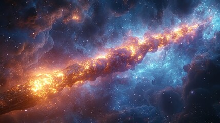 Fototapeta premium Fiery cosmic stream, nebulae clash, stellar birth.