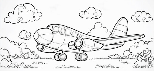 pagina infantil para colorear en blanco y negro con un avion aterrizando en la naturaleza rodeado de plantas y nubes en el cielo