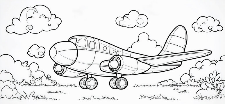 pagina infantil para colorear en blanco y negro con un avion aterrizando en la naturaleza rodeado de plantas y nubes en el cielo