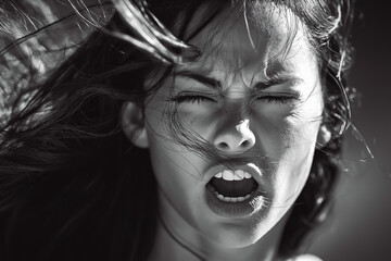An enraged woman with her hair blowing in the wind.