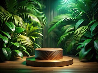 Obraz premium Night Tropical Wooden Product Podium, Green Background, Showcase Display, Product Photography, Dark Green Backdrop, Wooden Stand, Night Scene, Tropical Theme, Showcase Presentation