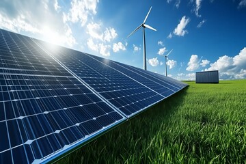 Photovoltaic panels and wind turbines on a grassy field with a storage battery in the background, green energy, photorealistic,  - Generative AI