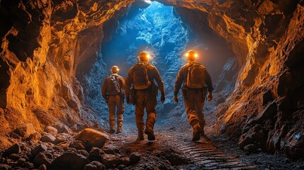 Three Miners Exploring an Underground Cave with Helmet Lights Illuminating Rocky Terrain and Vibrant Blue Glistening Walls, Capturing the Depth of the Earth&rsquo;s Mysteries