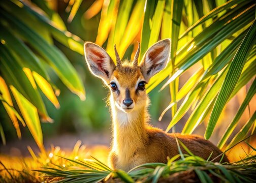 Oribi Cub Palm Tree Bokeh Sunny Day Wildlife Photography - Adorable Baby Antelope