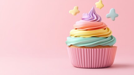 Rainbow cupcake zoomed in pink background for Valentine's Day, Birthday greeting copy space.
