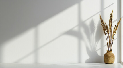 minimalist interior scene featuring vase with dried grass against clean white wall, casting soft shadows. natural light creates serene atmosphere