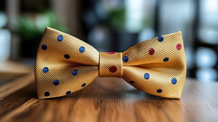 Yellow polka-dot bow tie on wood, cafe background