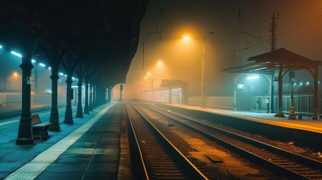 A misty train station at night, illuminated by soft lights, creating a serene atmosphere.
