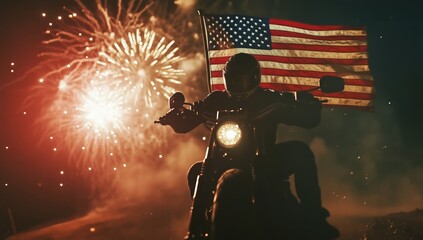A large American flag waving in the wind with fireworks lighting up the sky behind it. A photo that symbolizes freedom and peace, representing the USA on Independence Day. - Generative AI