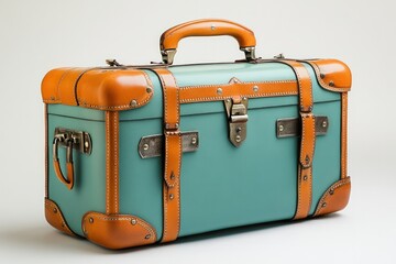 Teal vintage suitcase; leather-bound, brass hardware.