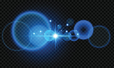 Blue lens flare light shiny effect on transparent background. sparkle stars bright glowing.vector illustration