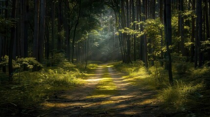 Obraz premium A serene forest path illuminated by soft sunlight, inviting exploration and tranquility.