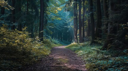Obraz premium A serene forest path surrounded by lush trees and soft light.