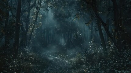 Obraz premium A serene, misty forest illuminated by soft light, evoking a sense of tranquility and mystery.