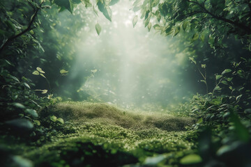 Fototapeta premium Beautiful green mossy forest with strong sunlight in the fog. Cozy relaxing atmosphere.