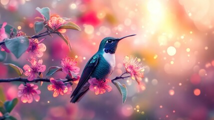 Hummingbird Perched on a Branch of Pink Blossoms