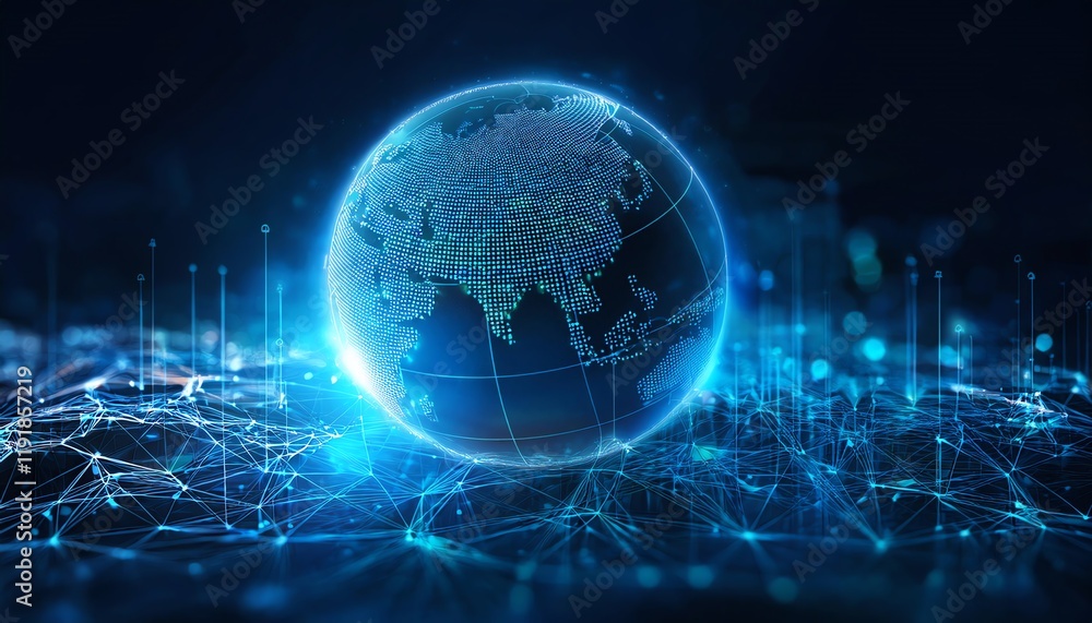 Poster a glowing digital globe surrounded by interconnected lines, representing global connectivity and tec