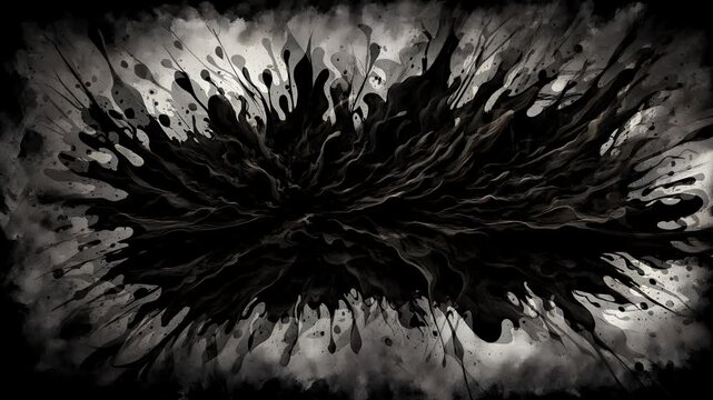 An abstract design featuring fluid black shapes and splashes against a light background.