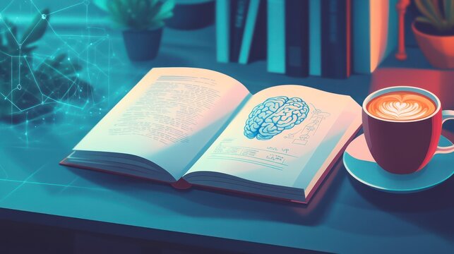 Open book with brain illustration, coffee, plants, and books.
