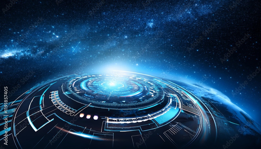 Poster a futuristic depiction of a planet surrounded by a glowing cosmic environment, featuring intricate c