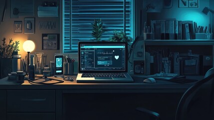 Nighttime workspace with laptop, desk, and ambient lighting.