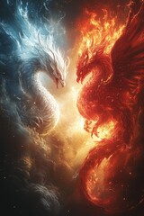 Fiery phoenix and icy dragon clash dramatically.