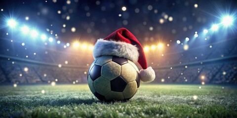 Soccer Ball Santa Hat Night Photography: Festive Sports Holiday Image