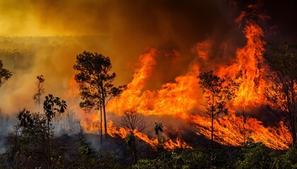 A fierce wildfire engulfs trees, casting an ominous glow and thick smoke against a darkened sky, showcasing the devastating power of nature.