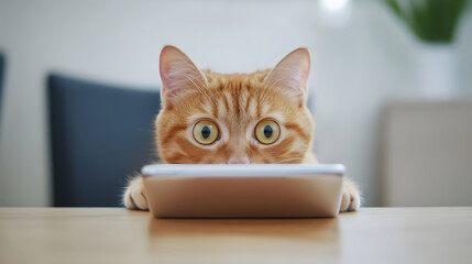 A Surprised Cat Stares Intensely at a Tablet on a Wooden Table, Displaying a Range of Emotions and Capturing Feline Curiosity and Wonder.