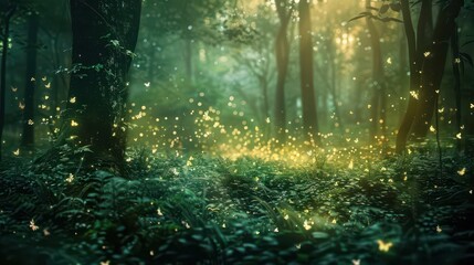 Obraz premium A mystical forest scene illuminated by glowing particles and soft light.