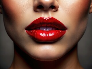 Fototapeta premium Stunning Close-Up Red Lips: Glossy Makeup, Beauty Photography, Drone Shot