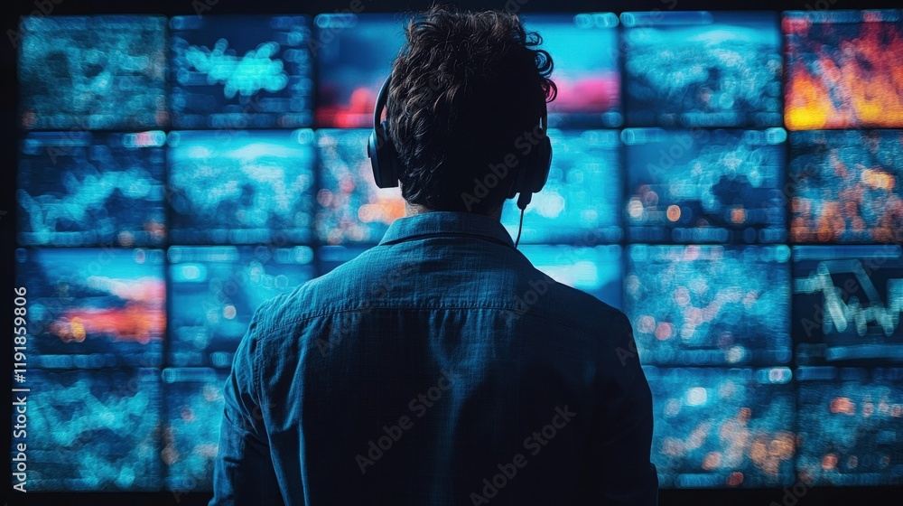Poster person watching data analysis on multiple screens in a modern office setting, surrounded by colorful