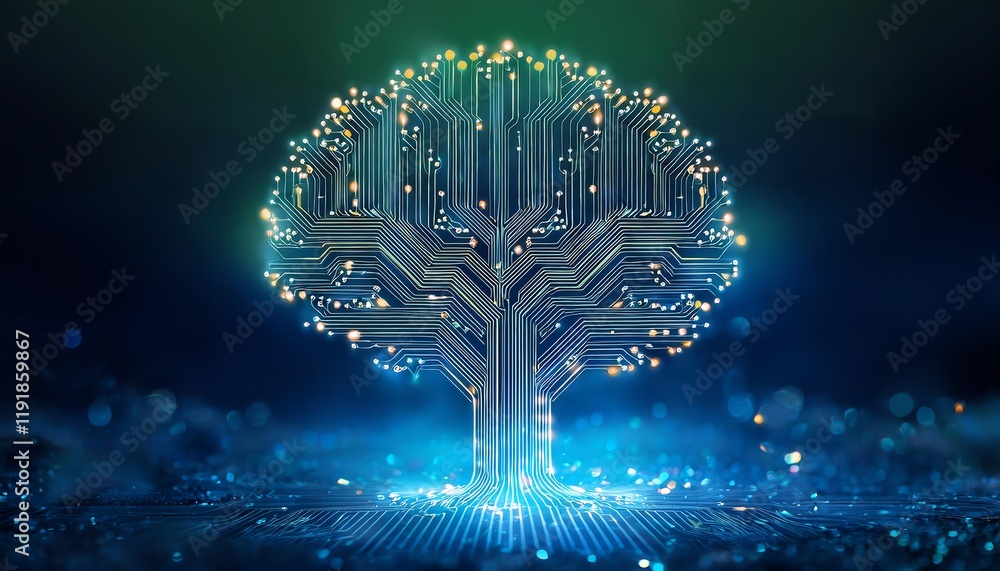 Poster a digital tree with glowing circuits symbolizes the intersection of nature and technology, showcasin