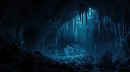 A dark cave illuminated by blue light, featuring stalactites and rocky terrain.