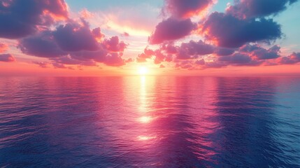 Fototapeta premium Serene Sunset Over Calm Ocean Waters with Colorful Clouds and Reflections Casting a Beautiful Palette Across the Horizon in a Tranquil Scene
