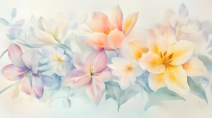 Naklejka premium Pastel Lilies and Delicate Blooms Watercolor Painting