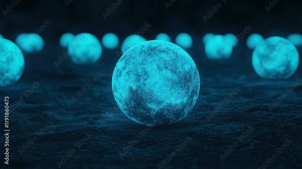 Poster glowing orbs in the dark: a mesmerizing digital art piece featuring an array of ethereal, glowing or