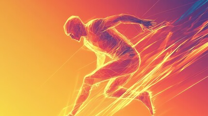 Abstract athlete running, dynamic energy, vibrant colors.