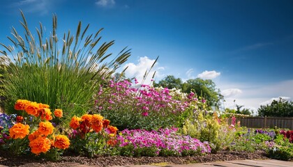 Obraz premium A vibrant garden scene featuring colorful flowers and tall grasses under a clear blue sky, showcasing the beauty of nature in full bloom.