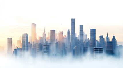 Fototapeta premium Misty city skyline at sunrise.
