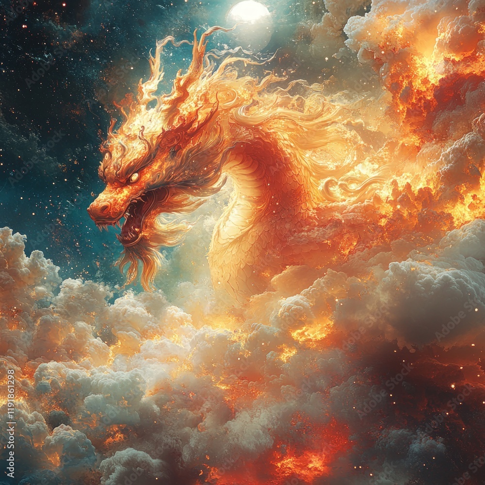 Canvas Prints Fiery dragon emerges from cosmic clouds.