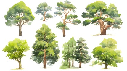 A set of watercolor trees collection on transparent background, ideal for design projects.
