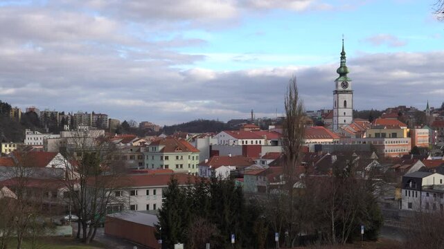 Trebic, Czech Republic - January 4, 2025: Cityscape. Church of St. Martin