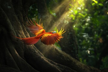 Jungle bird in flight, sunlit canopy