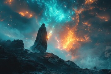 Robed figure, staff, cosmic landscape, fiery nebula.