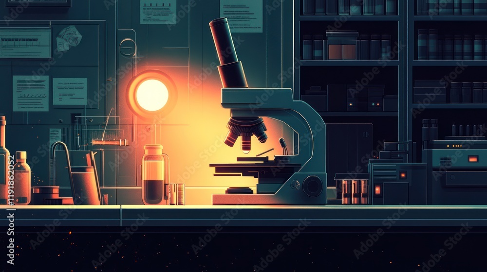 Poster illuminated microscope in a dimly lit laboratory setting.