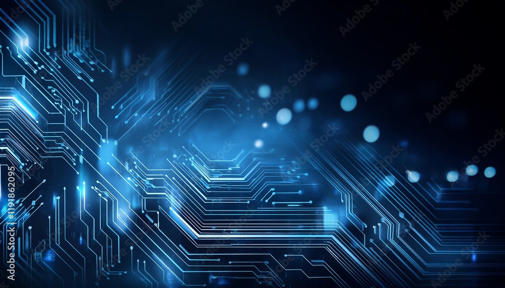 Poster a digital circuit board with glowing blue lines and abstract patterns, representing technology and i