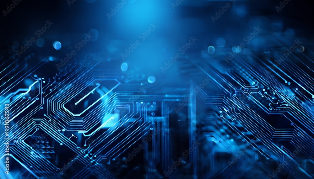 Poster a vibrant blue digital circuit background, featuring intricate lines and patterns, symbolizing techn