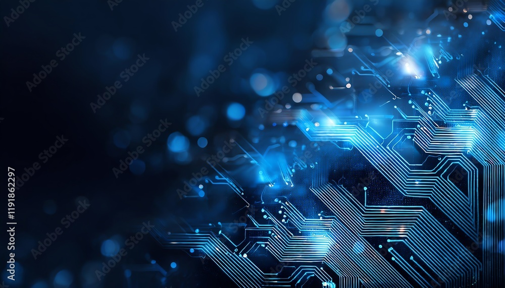 Poster a futuristic background featuring circuit patterns illuminated by blue lights, creating a technologi