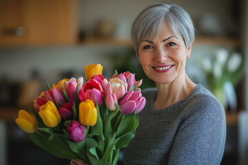 Fototapeta premium Charming elderly woman in green knitted sweater holding colorful flowers indoors, exuding joy and elegance 